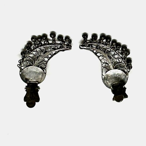 Vintage Oxidized Sterling Silver Earrings Filigree Clip On Climbers Wings Leaf - Picture 6 of 10